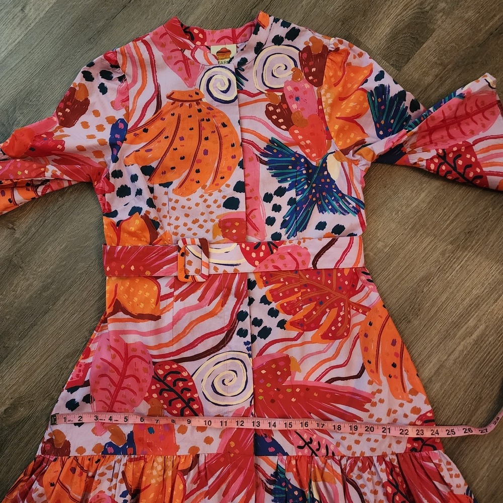Farm Rio Tropical Print Belted Midi Dress M Pink Orange Bell Sleeve Resortwear - Picture 14 of 16